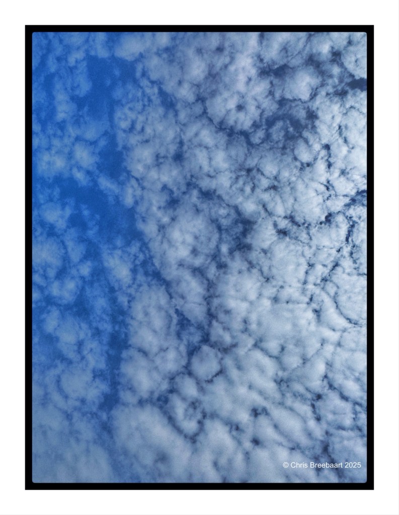 A photo of a sky filled with fluffy white clouds against a blue background.