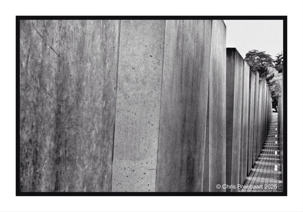 A close-up view of the concrete pillars at the Memorial to the murdered Jews in Europe, showing the textured surfaces and the path that winds through them.