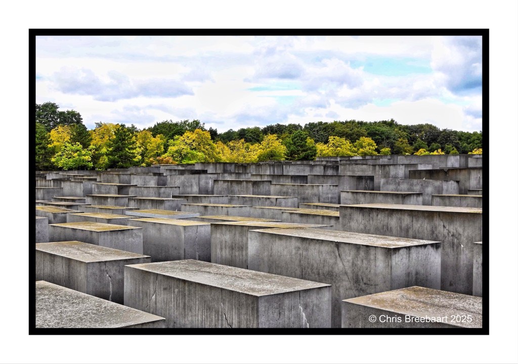 A view of the Memorial to the murdered Jews in Europe, featuring numerous gray concrete slabs arranged in a grid pattern, surrounded by trees with autumn foliage under a cloudy sky.