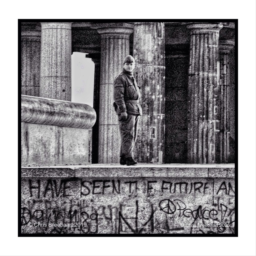 A black and white photograph of a soldier standing on a stone wall near columns, with graffiti visible in the foreground, conveying a sense of historical significance.