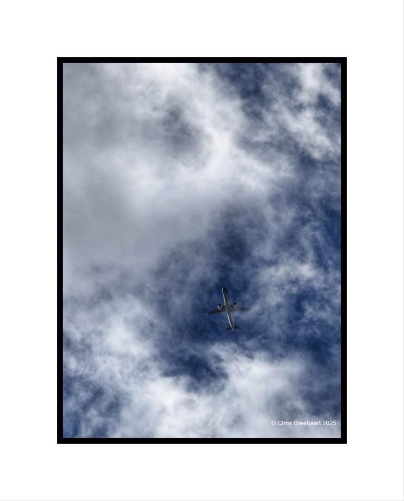 A plane flying through a dynamic sky filled with clouds of various forms and shades of blue.