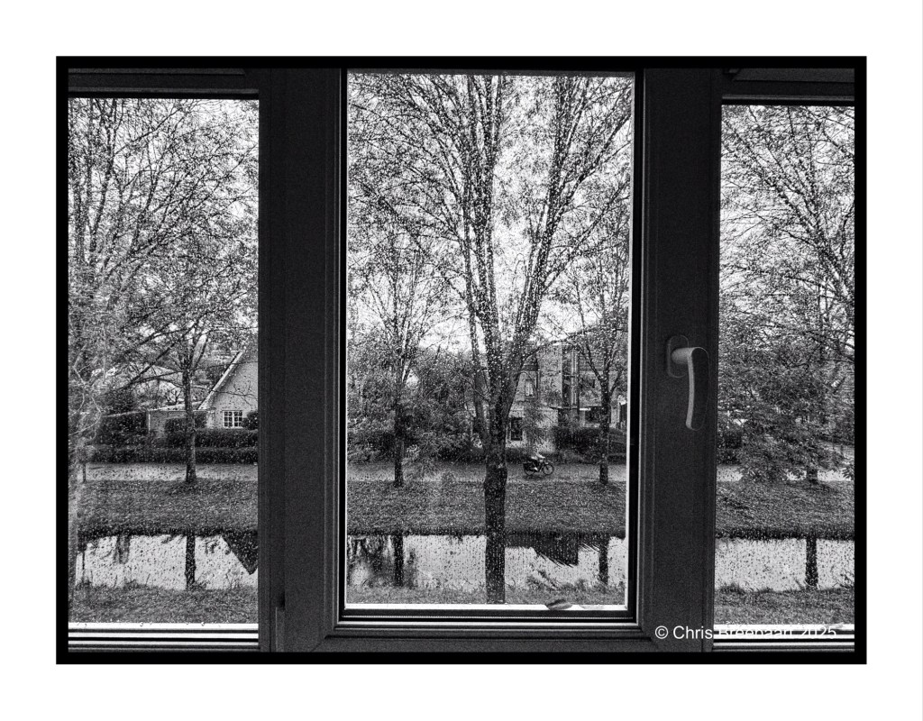 A view from a window showing raindrops on the glass, with trees and a canal visible outside. The image is in black and white.