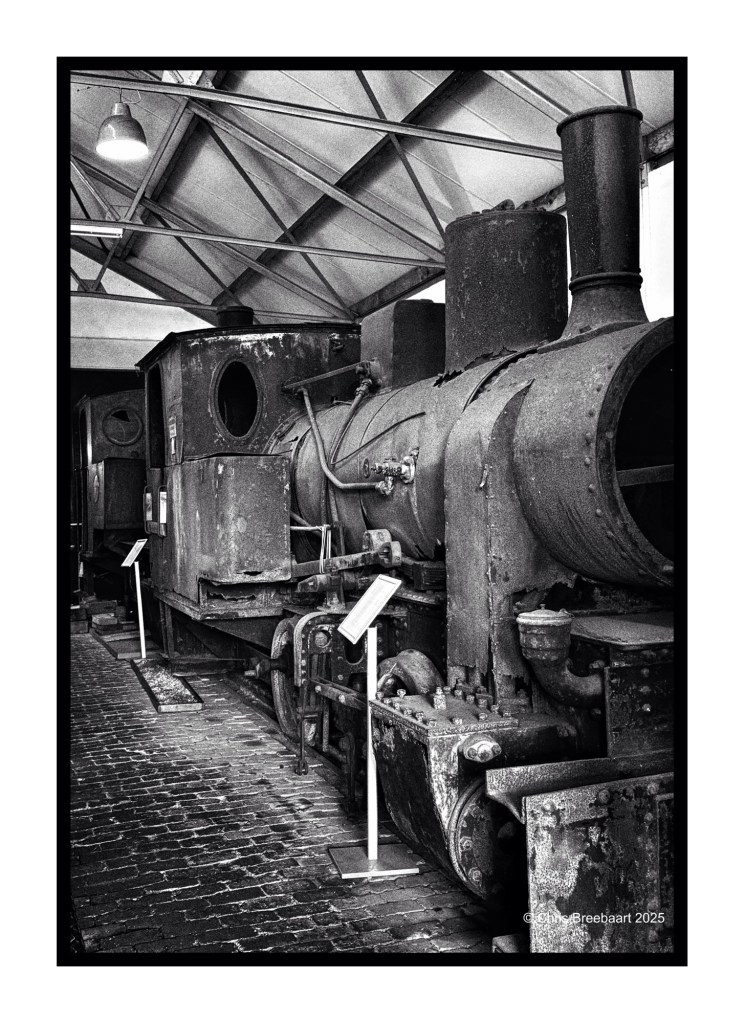 A close-up view of old steam locomotives in a museum, showcasing their vintage design and machinery with informational plaques in a well-lit indoor space.