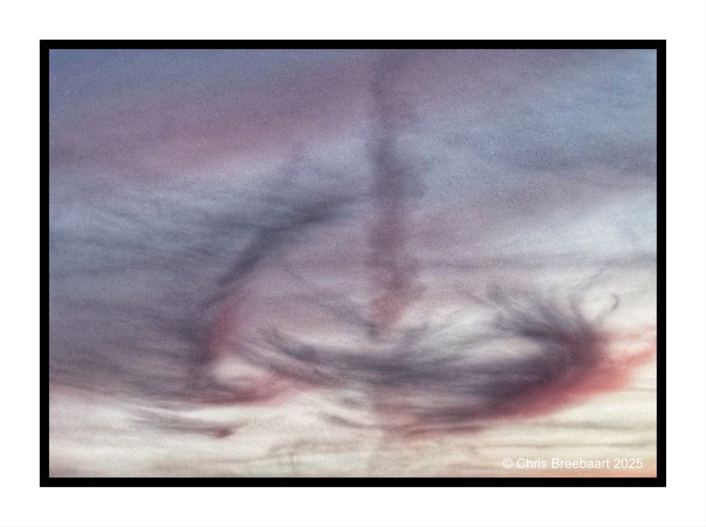 Artistic depiction of swirling autumn clouds during sunset, featuring shades of pink and gray.
