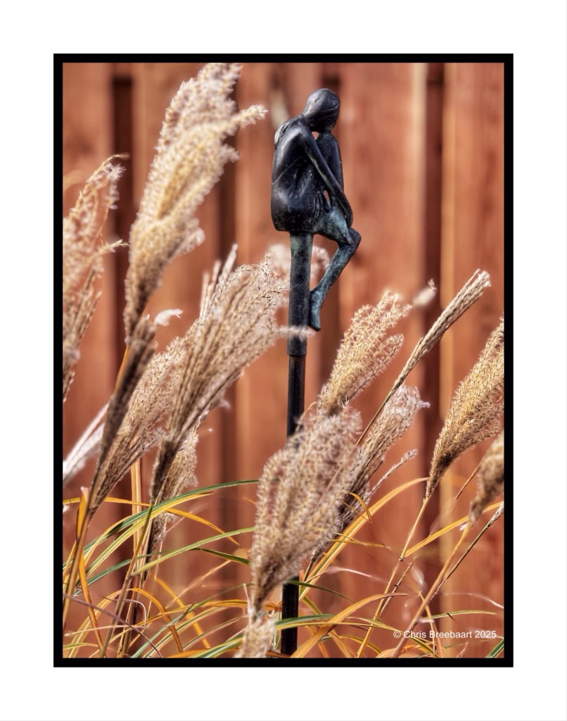 A small sculpture of a seated figure surrounded by tall grasses, with a wooden fence in the background.