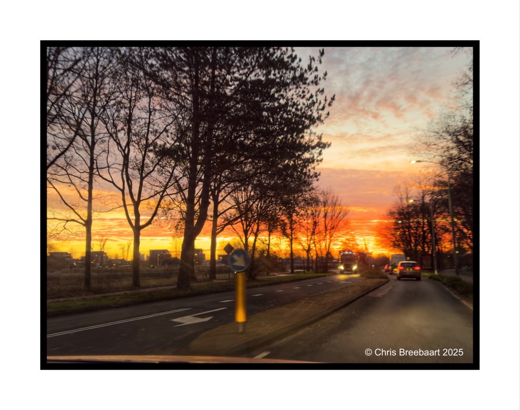 Sunrise over an Autumn landscape taken from inside a car, showcasing a vibrant sky with orange and pink hues, silhouetted trees along a roadside.