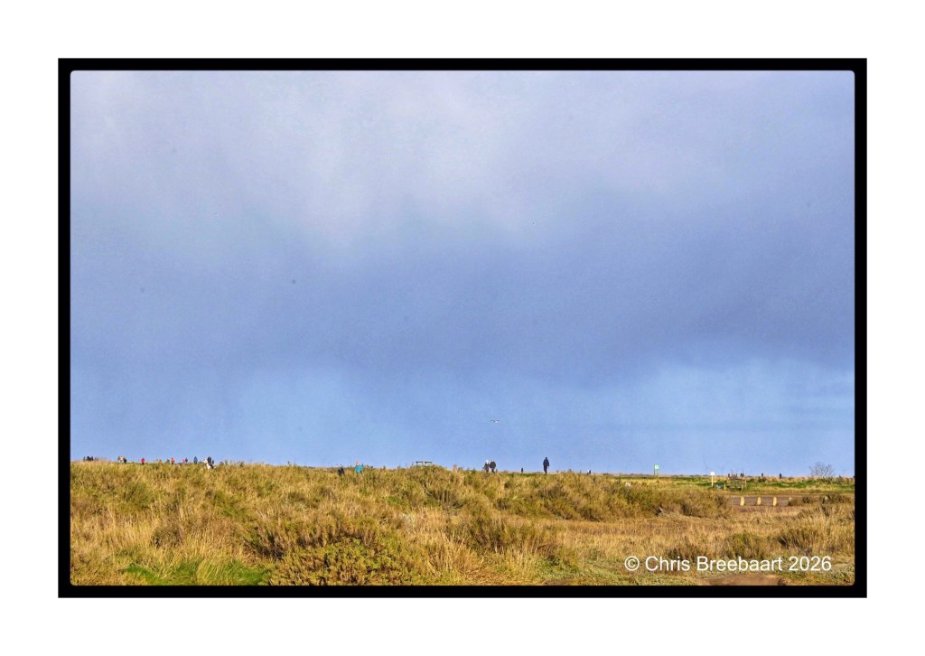 A wide landscape featuring a grassy hill with various people walking along the top, under a cloudy sky.