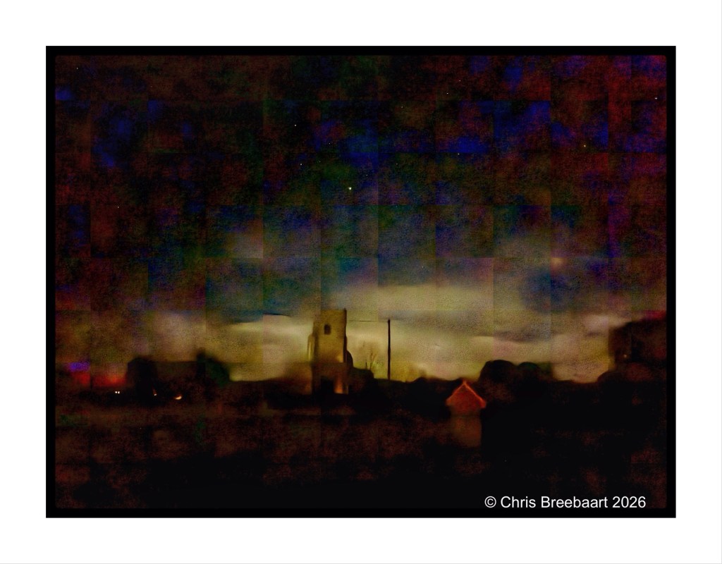Abstract night scene featuring silhouettes of buildings and structures against a colorful, illuminated sky.