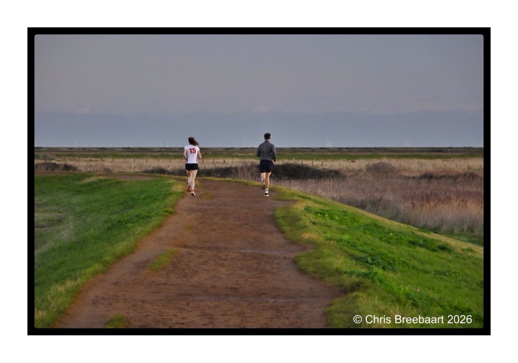 Two runners jogging on a dirt path surrounded by grassy fields under an overcast sky.