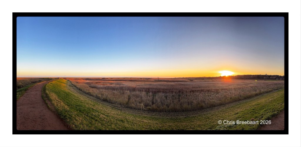 Panoramic view of a sunset over a grassy field with a winding path on the left side.