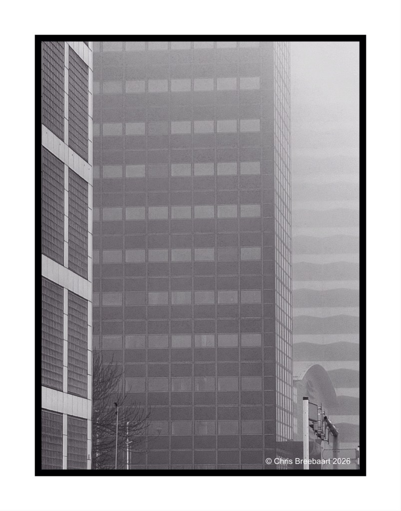 Black and white image of tall buildings partially obscured by fog, featuring a grid-like facade and reflections.