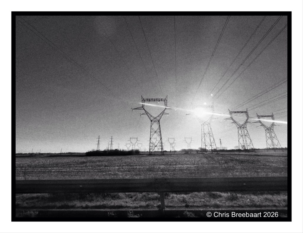Black and white photograph of power lines stretching across a field, with the sun shining brightly in the background.