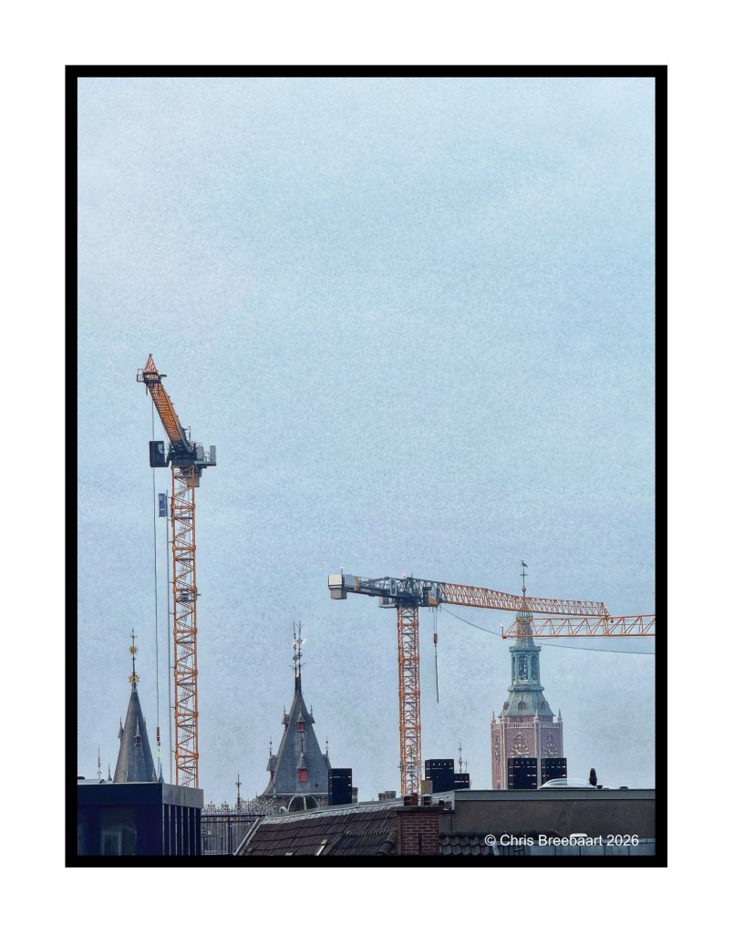 Construction cranes are visible against a cloudy sky, with historical building rooftops in the foreground.