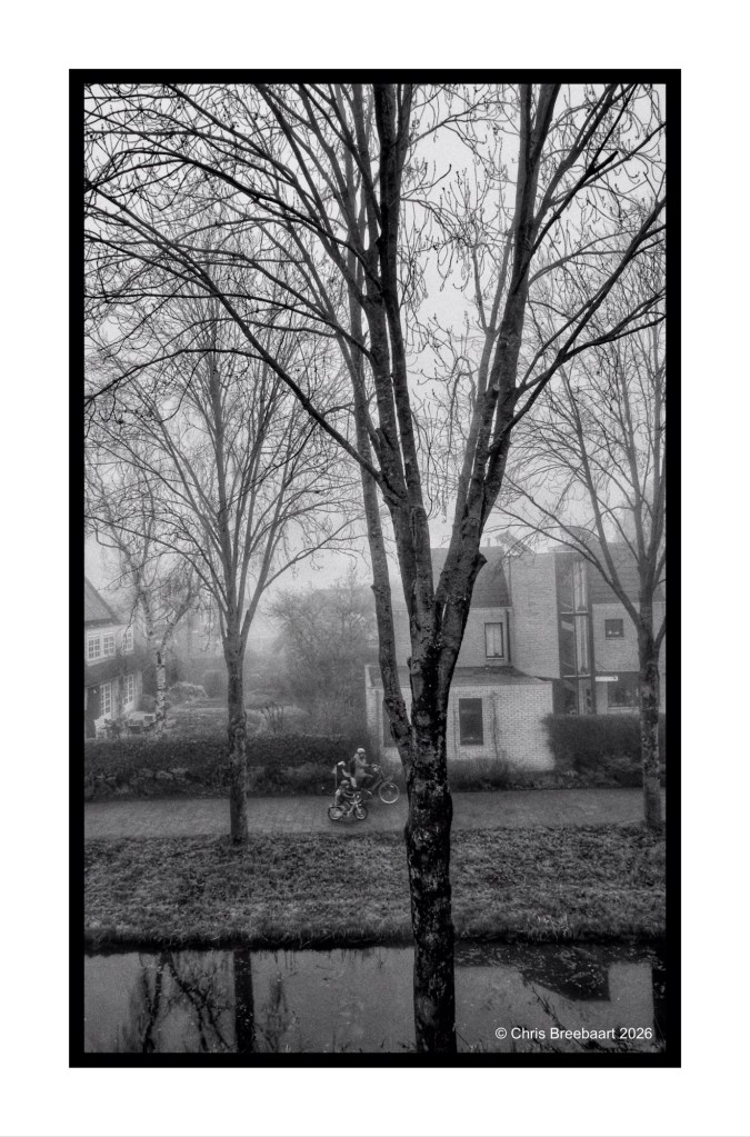 A foggy street scene featuring two cyclists riding alongside a canal, with bare trees and buildings in the background, captured in black and white.