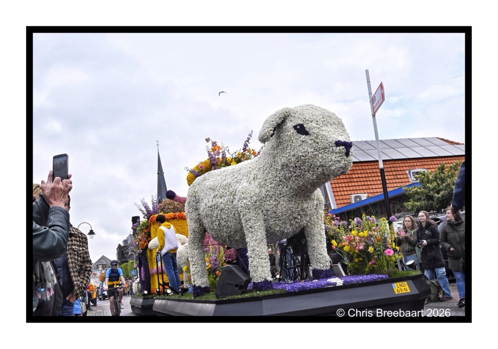 A large floral sculpture of a sheep displayed during a festival, surrounded by colorful flowers and people in the crowd.