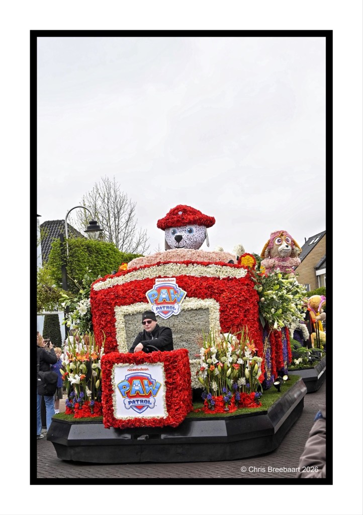 A colorful float featuring characters from 'Paw Patrol' decorated with flowers, with a person in a black sweater and hat seated at the front.