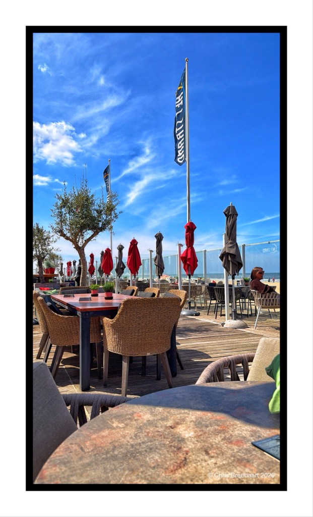 Outdoor dining area with tables and chairs, featuring red umbrellas and blue sky in the background.