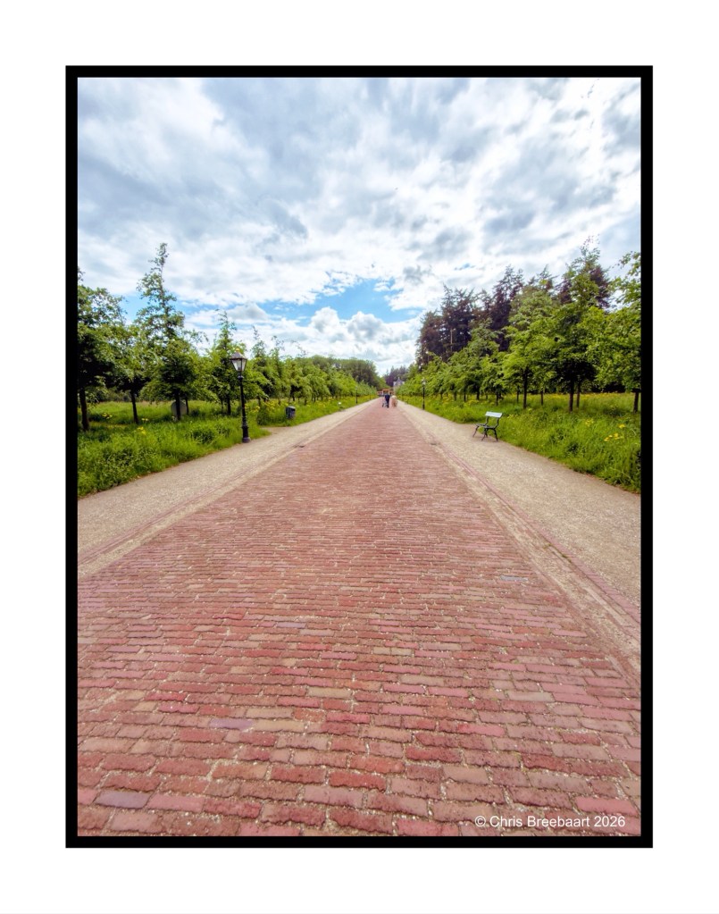 A brick pathway lined with trees under a partly cloudy sky, leading towards two people walking in the distance.