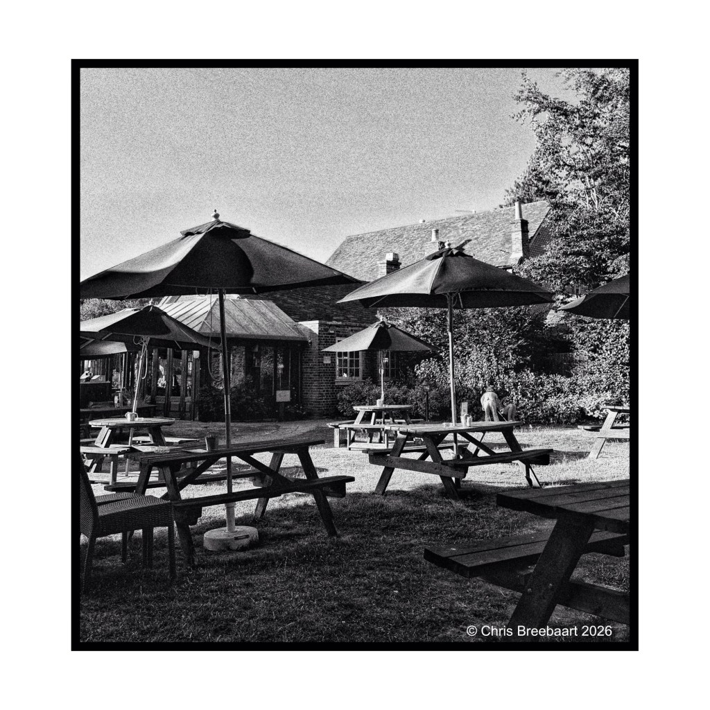 Black and white photo of a garden area with wooden picnic tables and umbrellas, featuring a building in the background and some greenery.