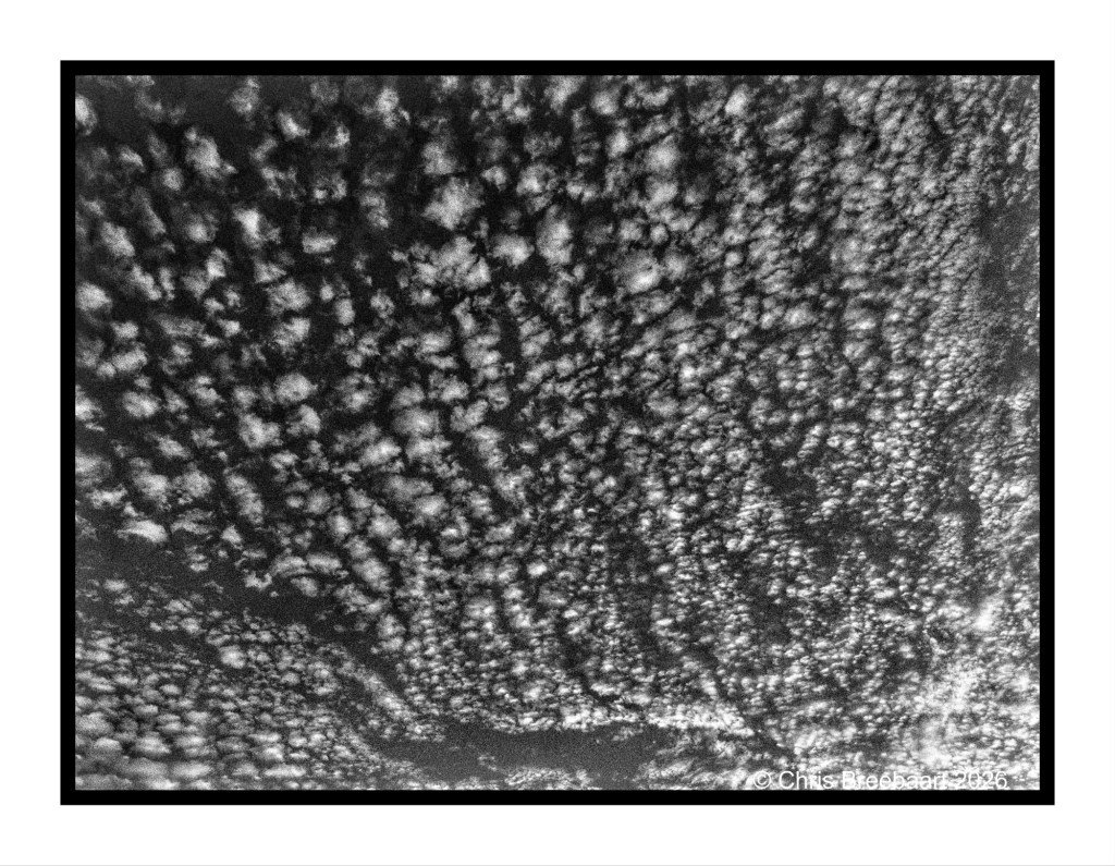 A black and white photograph of a textured cloud formation in the sky, showcasing various patterns and shapes.