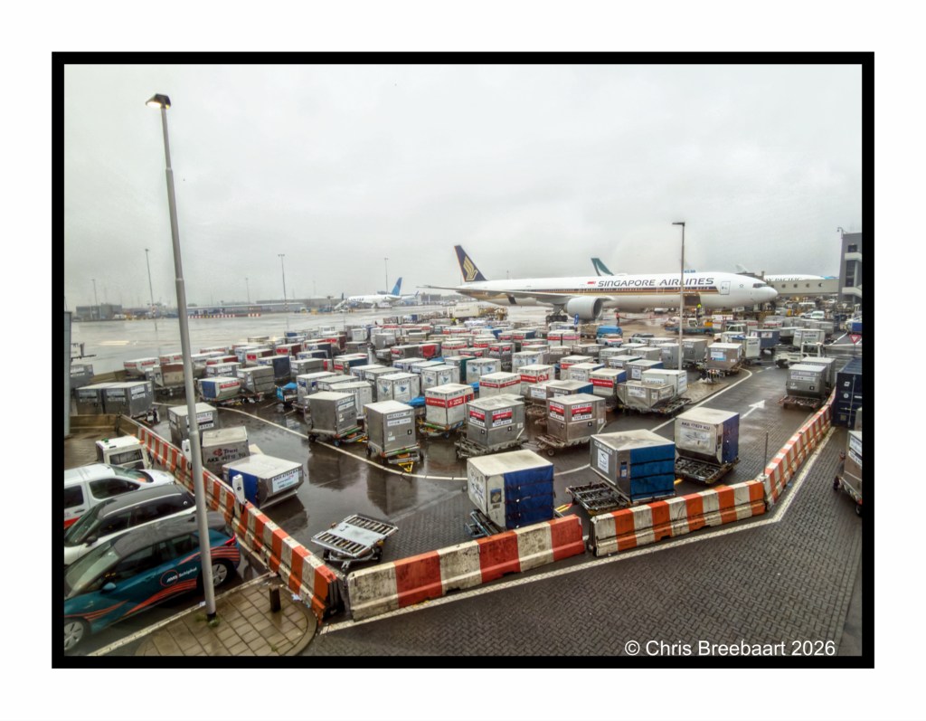 View of an airport cargo area with numerous luggage containers and a Singapore Airlines plane parked nearby, set against a cloudy sky.