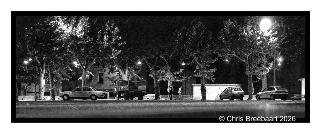 Black and white nighttime street scene featuring parked cars, streetlights, and trees lining a sidewalk. Two figures are seen walking in the foreground.